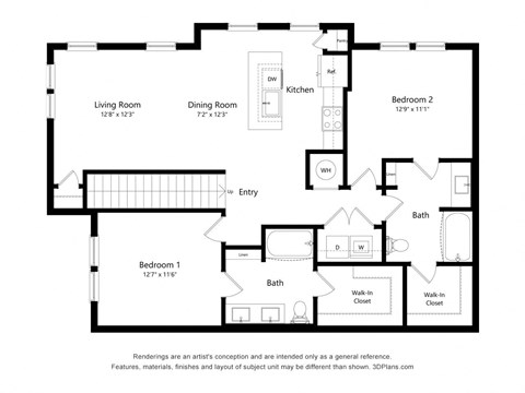 a floor plan of a bedroom floor plan with bedrooms and baths and a living room